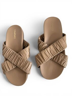 KAANAS Women’s Tan Brown Ruched Leather Cross Strap Slide Sandals Women Size 7M